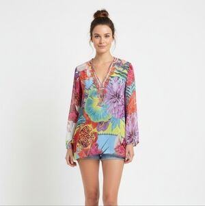 Hale Bob Cabana Colorful Tropical Floral Beaded Tunic Top Boho Beach